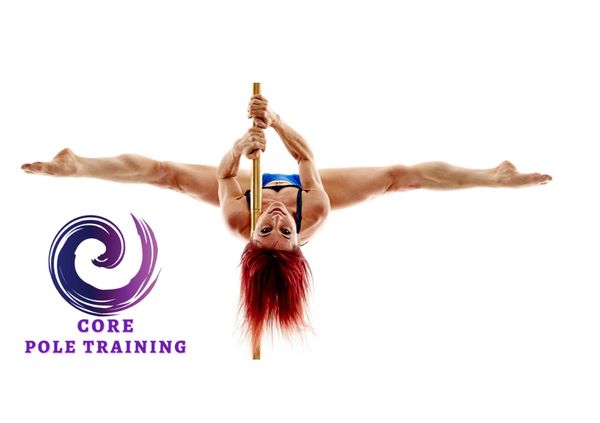 Pole dancer instructor doing a shoulder mount with Core Pole Training Teacher Certification logo 