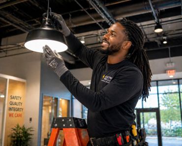 Electrician installing a light fixture in a modern office space.