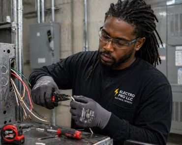 Electrician working on wiring with tools in an industrial setting.