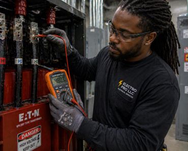Electrician testing voltage on a transformer using a multimeter.