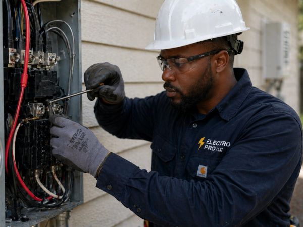 Electrician working on a circuit breaker panel wearing safety gear.