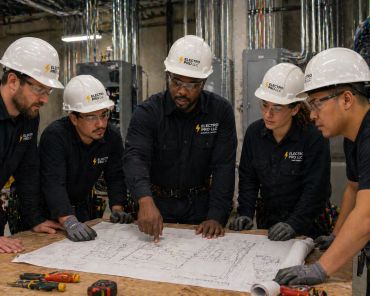Electricians in hard hats reviewing blueprints at a construction site.