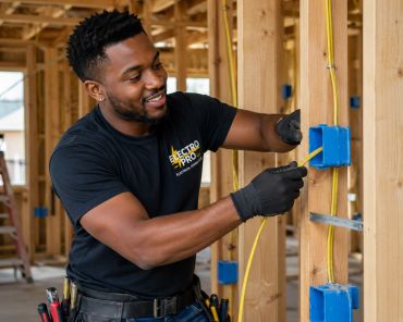 Electrician installing wiring in a house under construction.