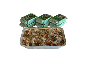 Foil tray with pasta and three green packaged food items.