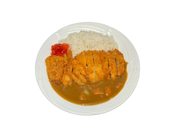Plate of Japanese curry with rice and breaded cutlet.