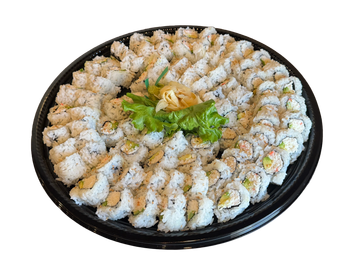 Tray of assorted sushi rolls with garnish.