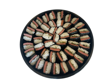 Tray of Spam musubi arranged in a spiral.
