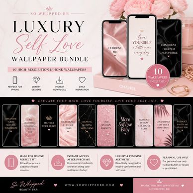 Luxury self-love wallpaper bundle with 10 high-resolution iPhone wallpapers.