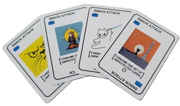 Four illustrated "Snack Attack" game cards featuring various cat-themed images and text.