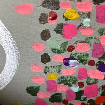 Quantum entanglement a close up image of a work by Angus Fraser, multi coloured dots on grey