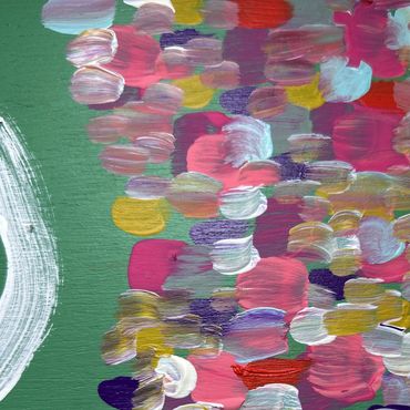 Quantum entanglement a close up image of a work by Angus Fraser, multi coloured dots on green