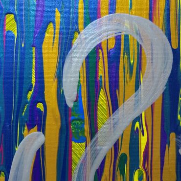 Quantum entanglement a close up image of a work by Angus Fraser, blue drips over yellow