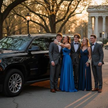 Group of young people in formal wear taking a selfie outdoors near a black SUV at sunset.