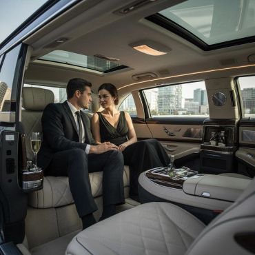 Elegant couple seated in a luxurious car interior, sharing an intimate moment.