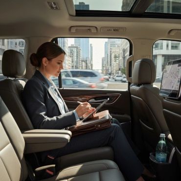 Businesswoman working on a tablet inside a car with a city view outside.