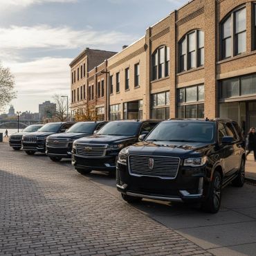 A line of black SUVs parked along a city street near brick buildings.