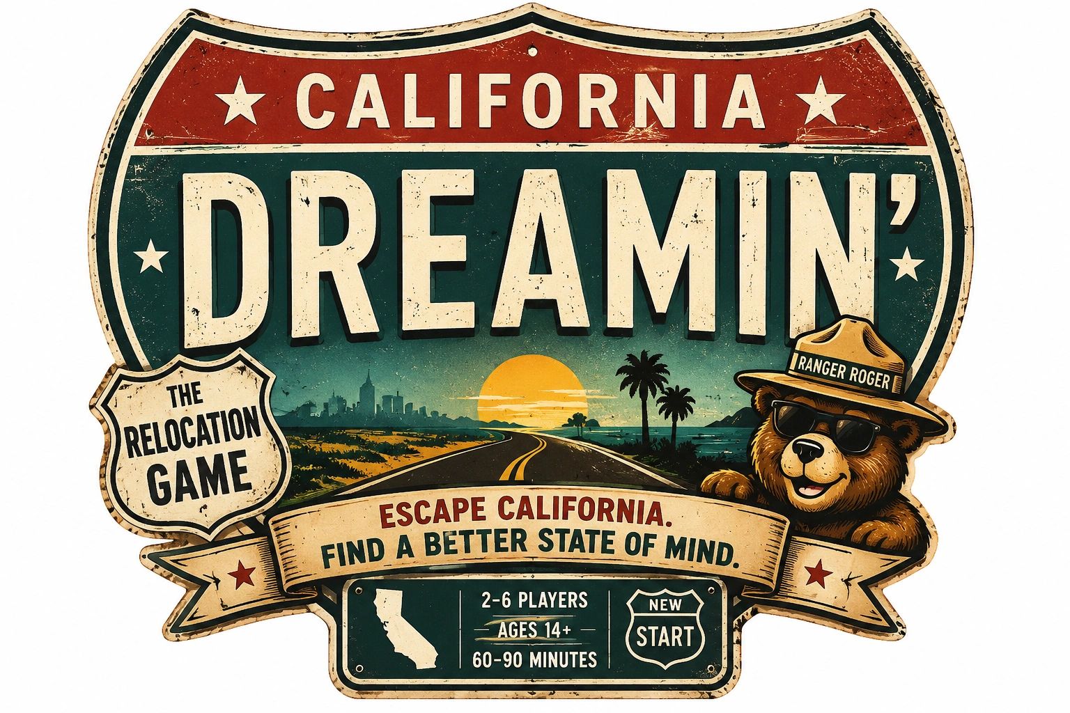 California Dreamin' relocation game with a bear mascot and sunset design.