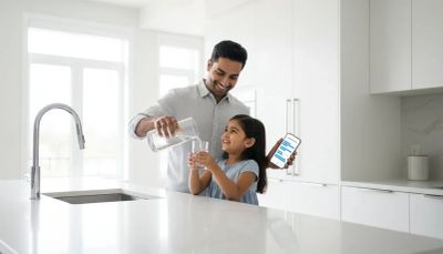 A father pours filtered drinking water for his daughter in a modern kitchen.