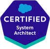 Salesforce Certified System Architect badge in blue and teal colors.