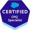 Salesforce Certified CPQ Specialist badge in blue hexagon shape.
