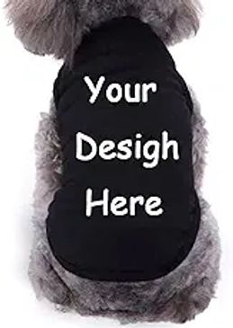 Gray dog in black shirt labeled “Your Design Here” for rescue fundraiser.