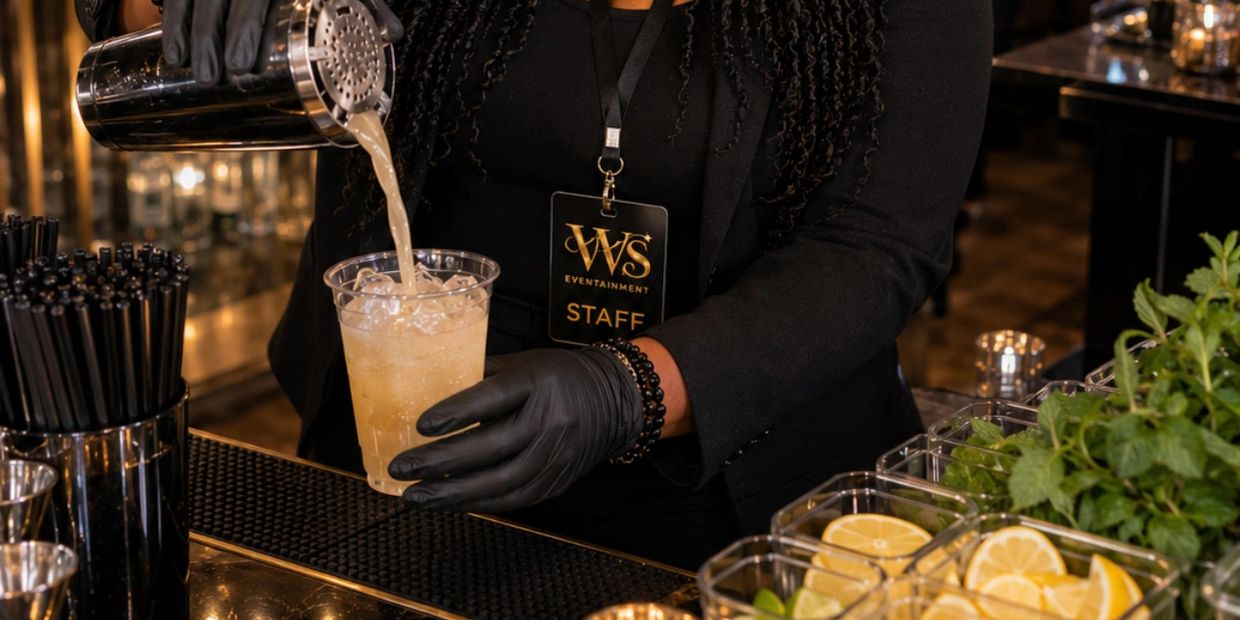 Bartender pouring a cocktail into a plastic cup with ice.