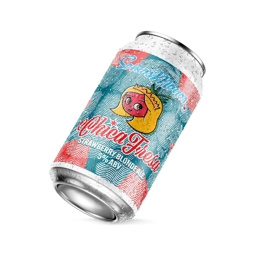 A chilled can of Chica Fresa Strawberry Blonde Ale with colorful, playful design.