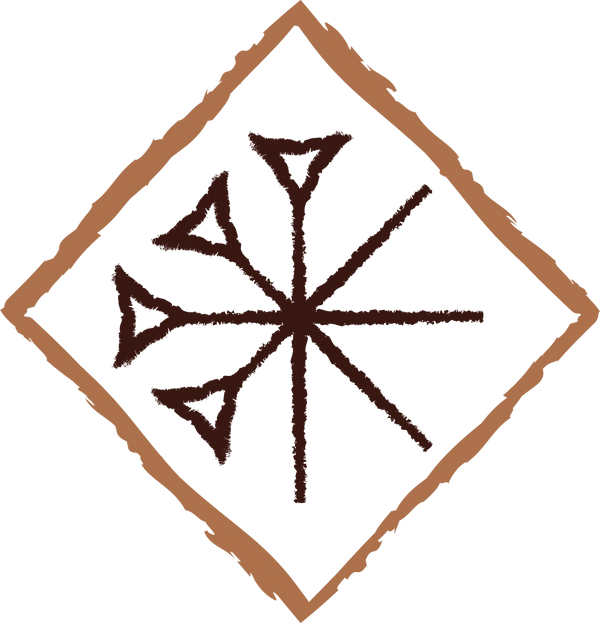 A brown diamond outline with six dark brown arrows radiating from the center.