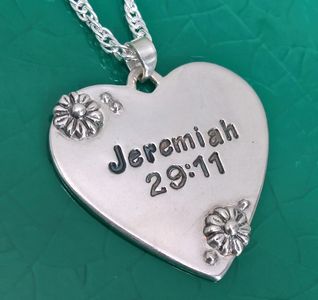 Womens Sterling Silver Heart Necklace with Bible Verse Inscription and flower embellishments on a Sterling Silver chain