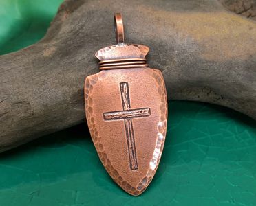 Mens Rustic Copper Arrowhead Pendant with hand carved cross and hammered edges