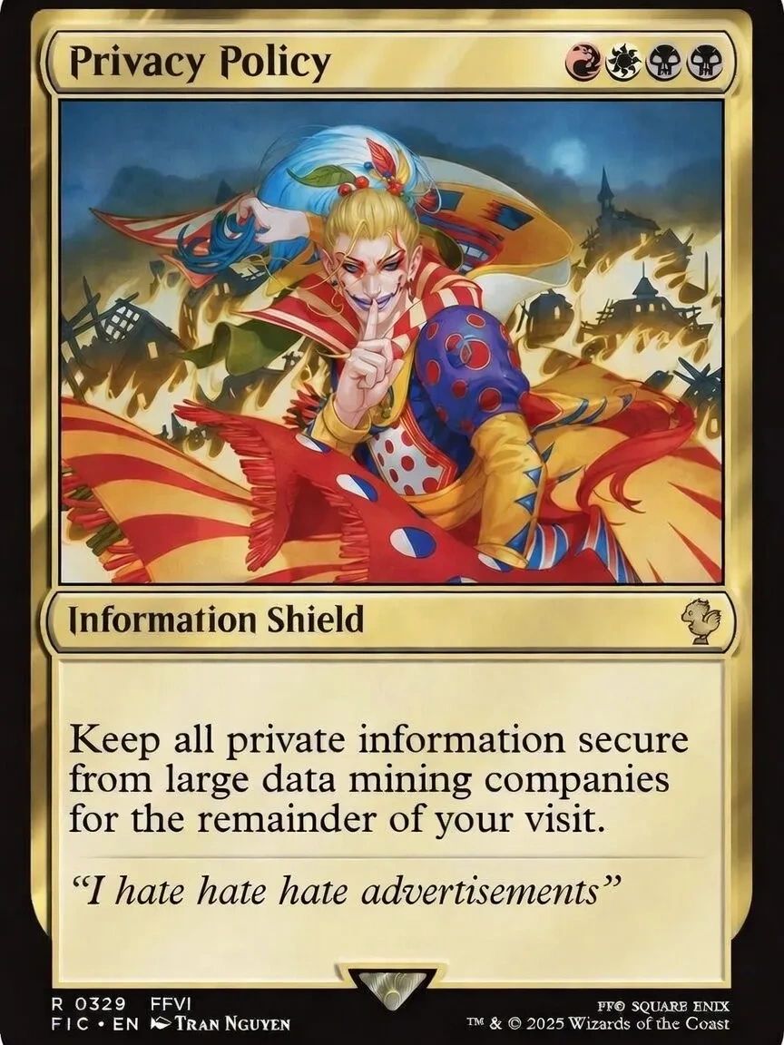 Fantasy card titled Privacy Policy with colorful jester illustration and privacy message.