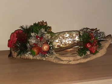 bevscraft.com.au timber Australian floral table center with bottle lights Christmas decoration