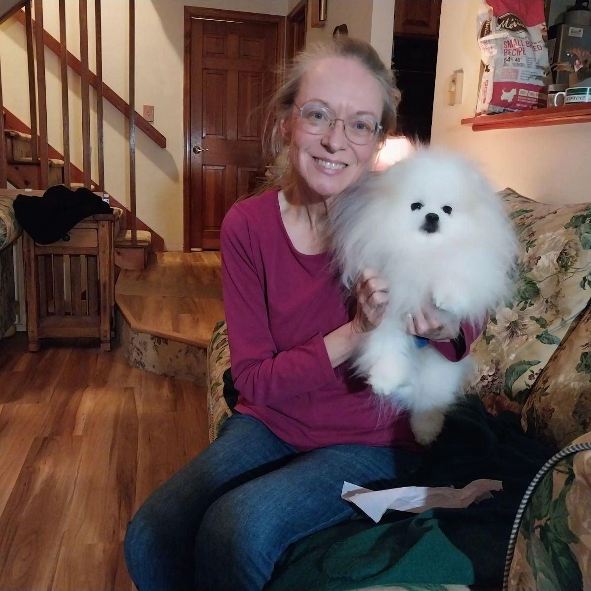 Linda Hodgens and cute white fluffy Pomeranian