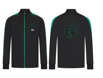 Black and green sports jacket with logo and name.