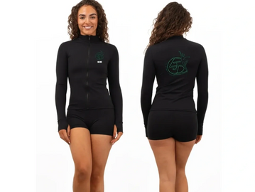 Woman modeling a black long-sleeve zip-up jacket and black shorts from front and back.