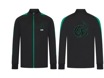 Black jacket with green accents and logo on front and back.