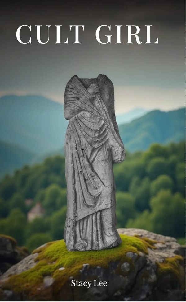 Book cover showing a headless statue on mossy rocks with mountainous background.