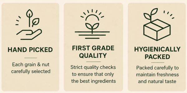 Labels highlighting quality and care in grain and nut selection and packaging.