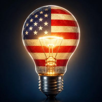 Light bulb illuminated with the American flag inside.