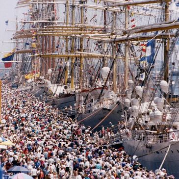 Crowded harbor with tall ships and large crowd.