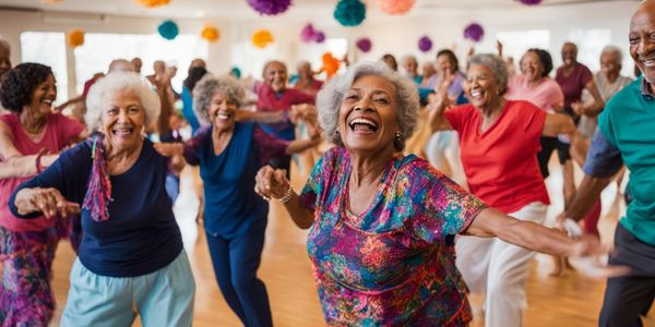 Happy seniors dancing energetically in a bright room.