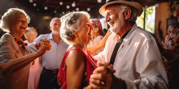 Joyful elderly couples dancing and smiling at a lively party.