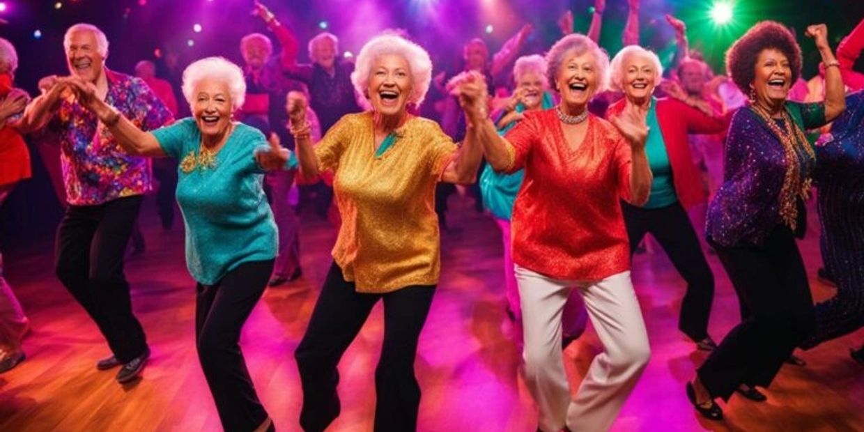 Joyful seniors dancing energetically in a colorful party setting.