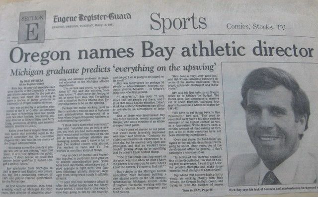 News article: Rick Bay Named Athletic Director at Univ. of Oregon