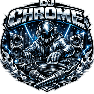 Futuristic DJ Chrome mixing music with turntables and speakers, surrounded by vibrant lights.
