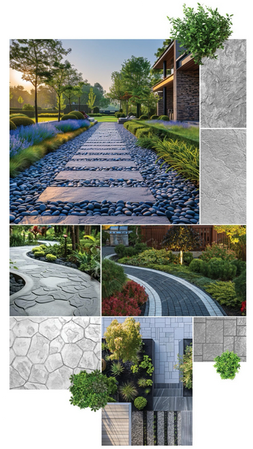 Beautifully designed stone pathways and garden walkways with lush greenery.