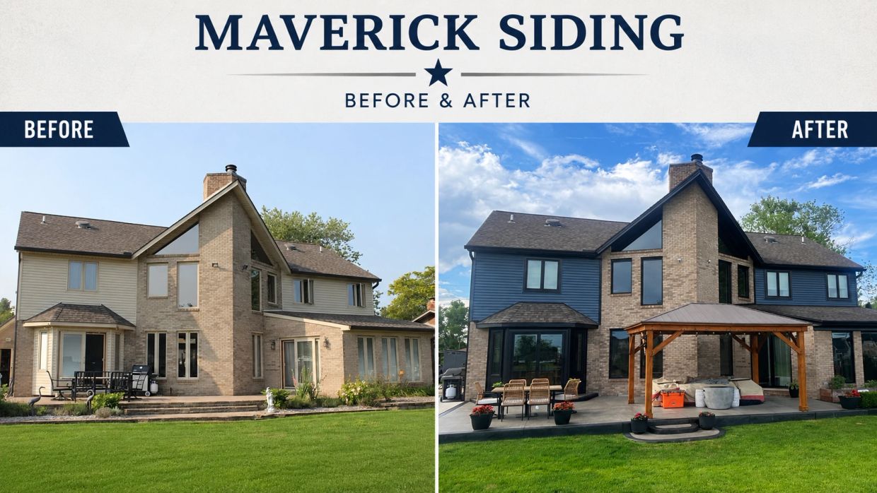 Before and after image of a house siding upgrade.