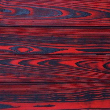 Red and black stained wooden planks with distinctive grain patterns.