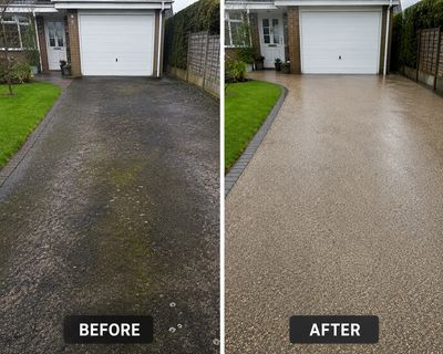 Driveway cleaned and resurfaced, showing transformation.
