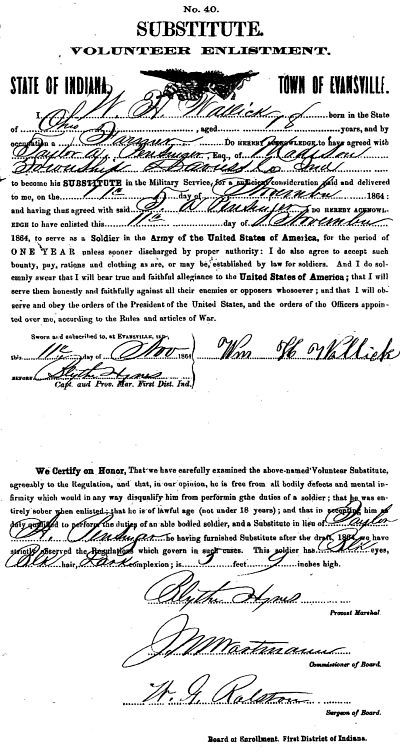 Emlistment form for Huette Wallick as Substitute Soldier